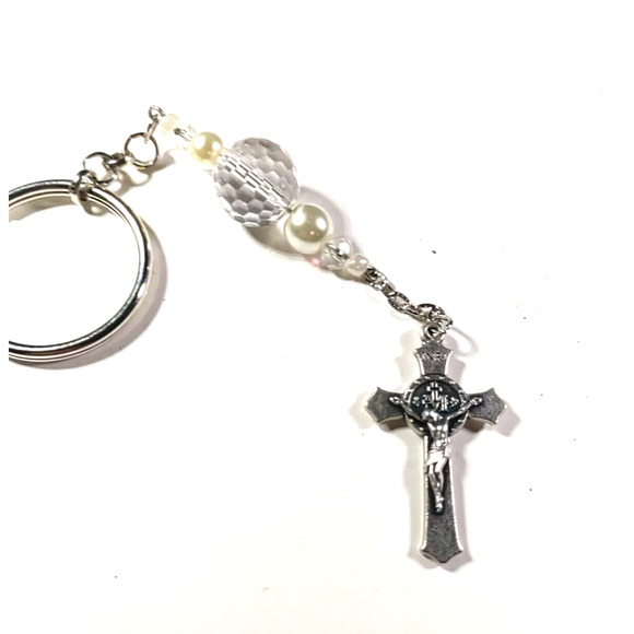 Cross beaded Keychain Clear Plastic Beads Silver Tone - Picture 2 of 4